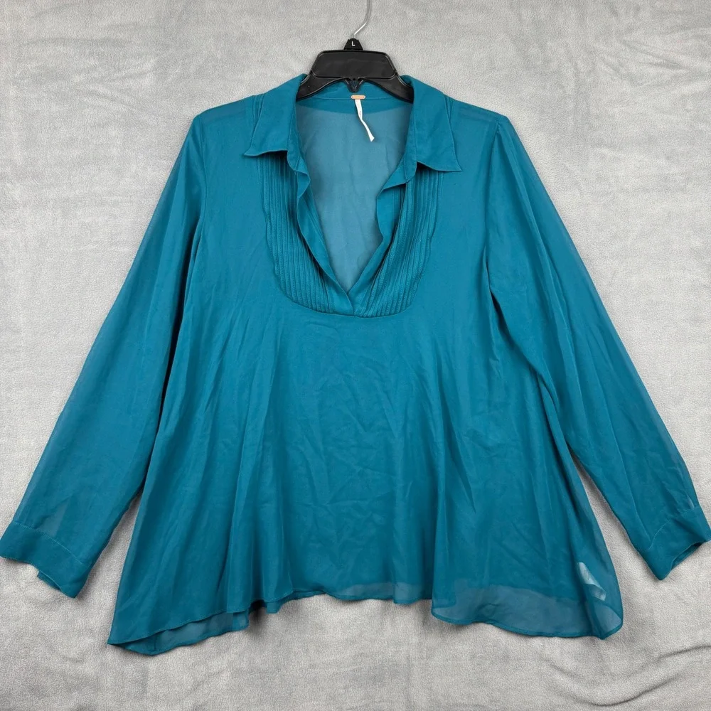 Free People Teal Chiffon Pleated V‎ Neck Long Sleeve Tunic Blouse Top S